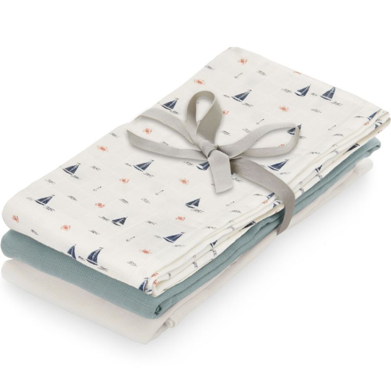 Lot de 3 langes en coton bio bateau Sailboats (70 x 70 cm) Cam Cam Copenhagen