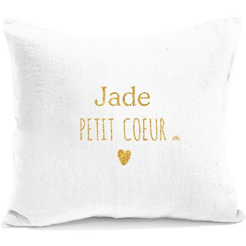 Coussin carré en lin Petit Cœur blanc et or (personnalisable) Mes Mots Déco