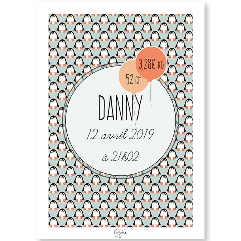 Affiche de naissance A3 Animignons Pingouin (personnalisable) Kanzilue