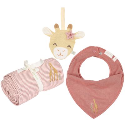 Coffret cadeau de naissance attache sucette bavoir bandana et lange Girafe