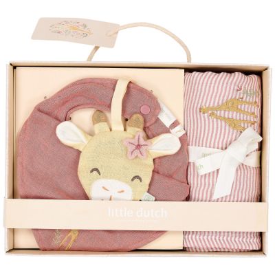Coffret cadeau de naissance attache sucette bavoir bandana et lange Girafe