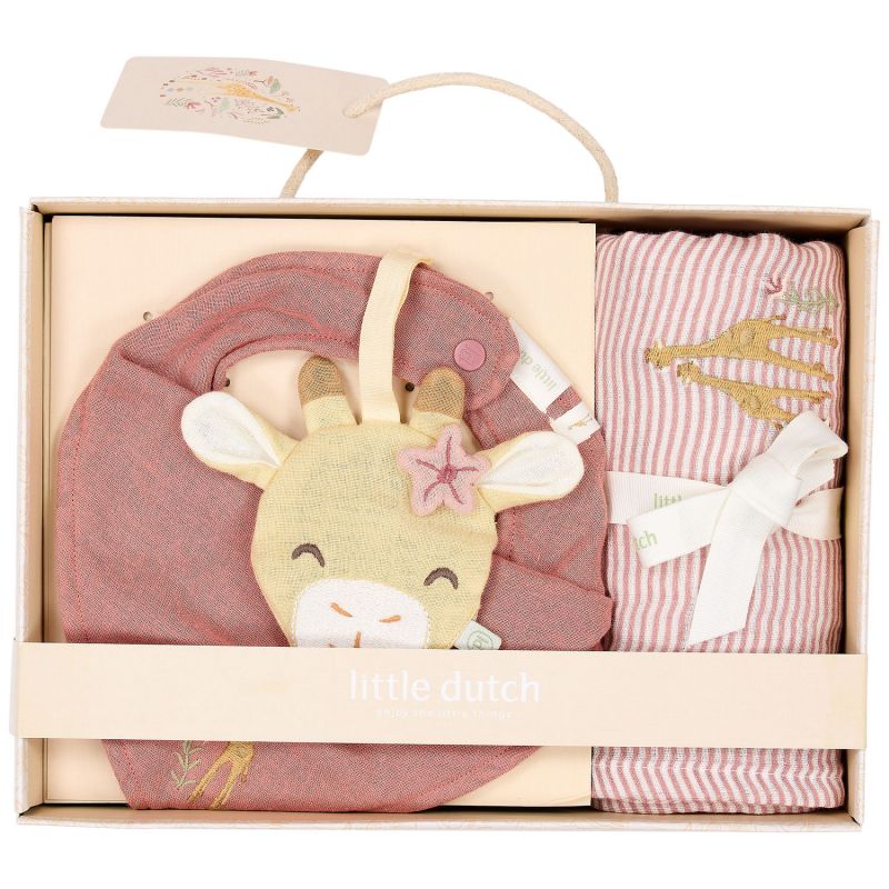 Coffret cadeau de naissance attache sucette bavoir bandana et lange Girafe Little Dutch Packaging 2