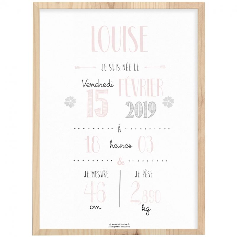 Affiche de naissance encadrée A3 rose pâle (personnalisable) La Poupette à paillettes