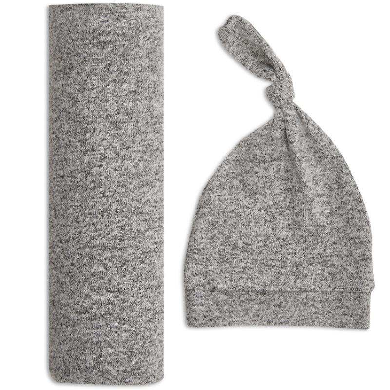 Coffret maxi lange et bonnet en maille heather grey (0-3 mois) aden + anais