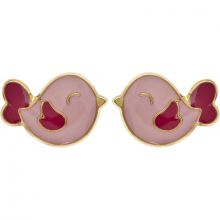 Boucles d'oreilles Moineau laqué rose (or jaune 750°)  par Berceau magique bijoux