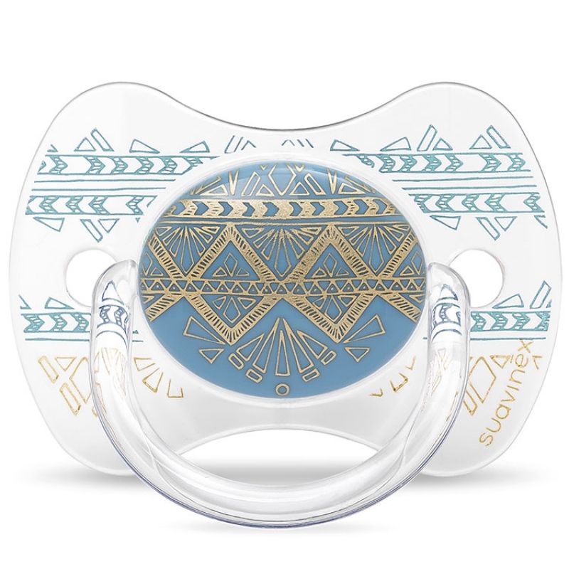 Sucette anatomique réversible Couture Ethnic bleu et doré en silicone (4-18 mois) Suavinex