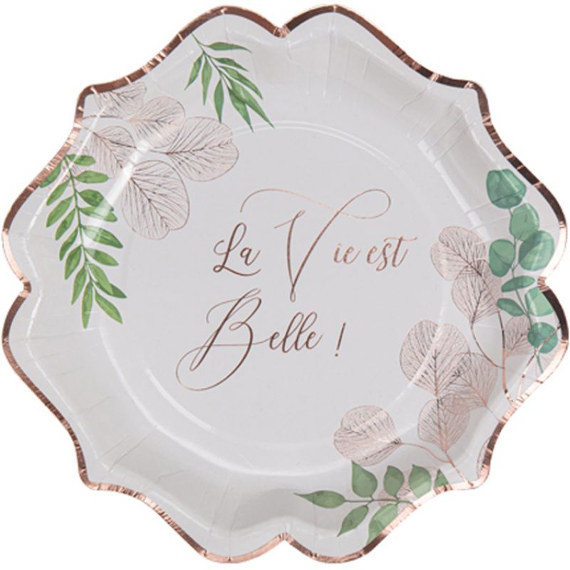 Lot de 8 assiettes en carton La vie est belle Botanique rose gold Arty Fêtes Factory