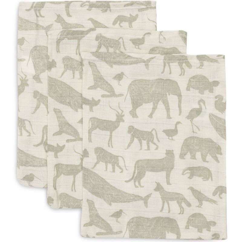 Lot de 3 gants de toilette en gaze de coton Animals Olive Green Jollein