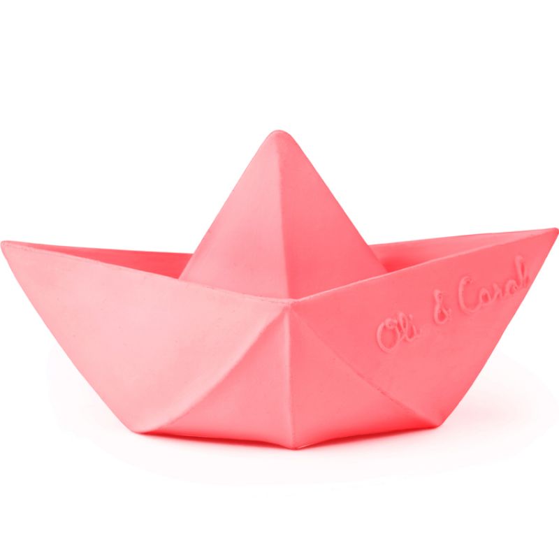 Jouet de bain bateau origami latex d'hévéa rose Oli & Carol