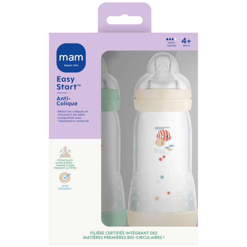 Lot de 2 biberons Easy Start anti-colique Menthe Tétine débit 3 (320ml) MAM Packaging 2