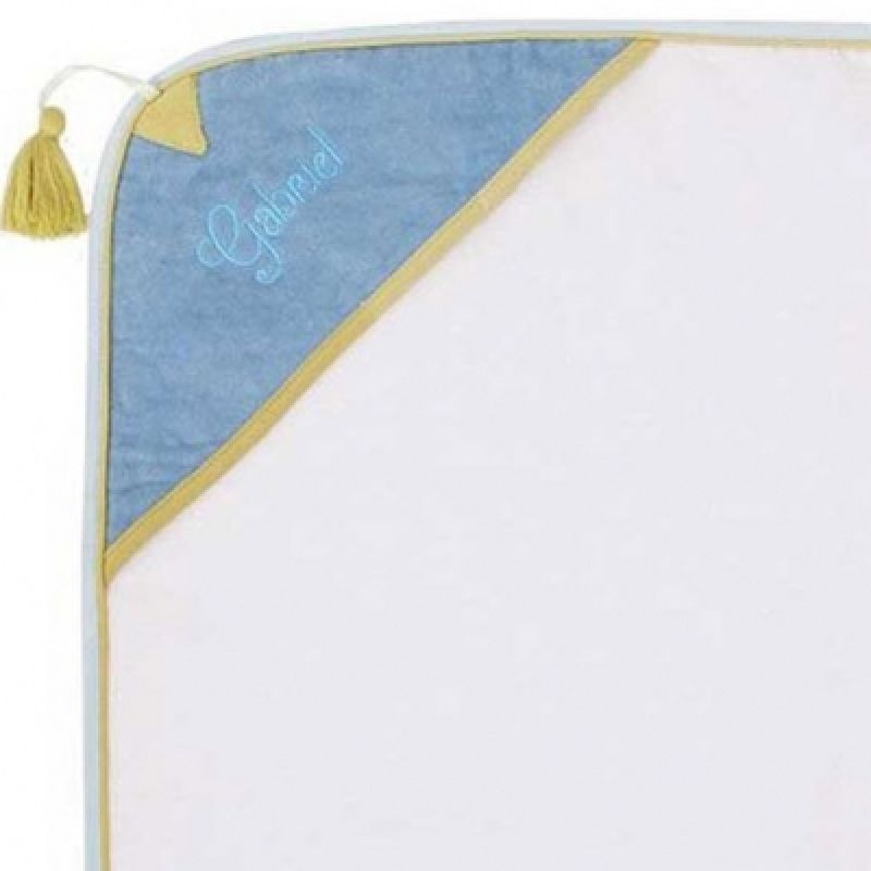 Cape de bain Chien taquin écru et bleu personnalisable (82 x 88 cm) L'oiseau bateau