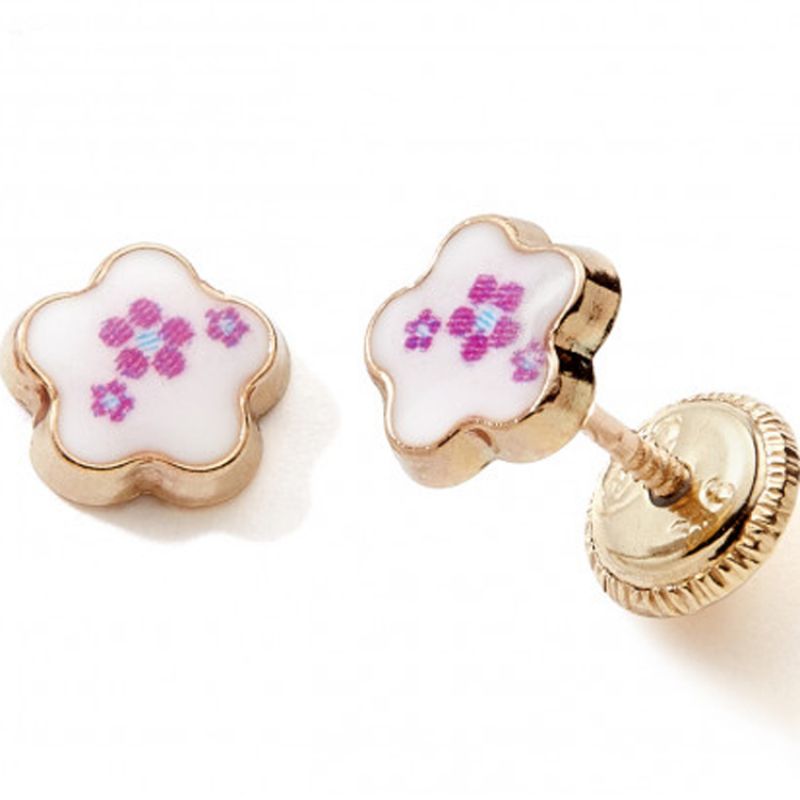 Boucles d'oreilles Fleur blanc et rose (or jaune 375°) Baby bijoux