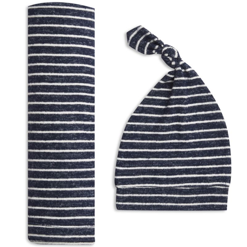Coffret cadeau naissance maxi lange et bonnet en maille navy stripe (0-3 mois) aden + anais