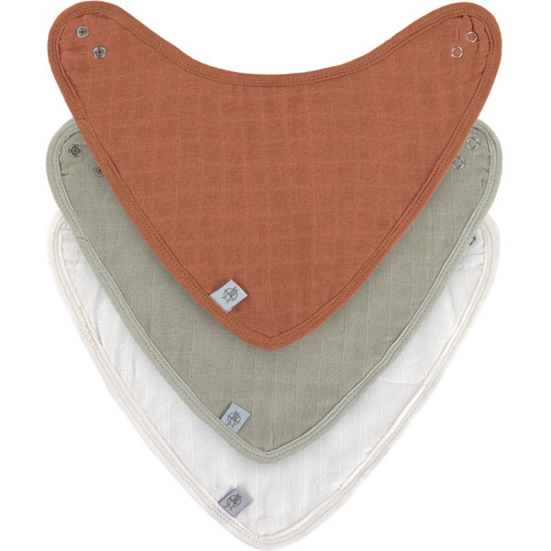 Lot de 3 bavoirs bandanas en mousseline Cozy Care rouille, olive et blanc Lässig