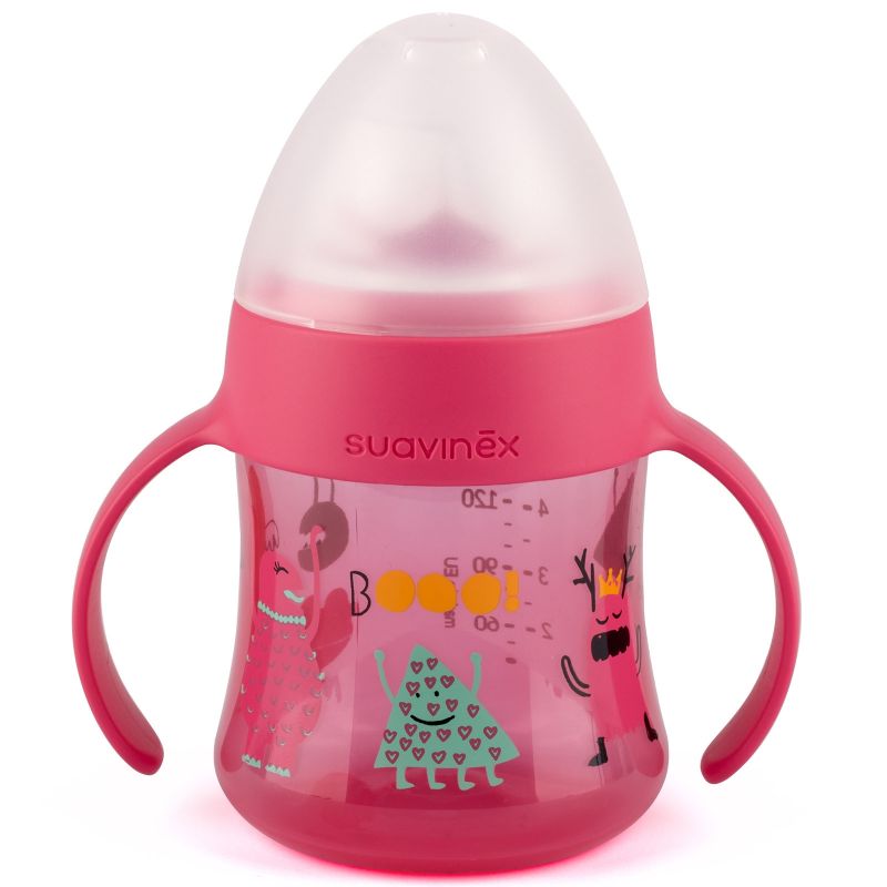 Biberon à anses et bec en silicone anti-fuites Booo rose (150 ml) Suavinex