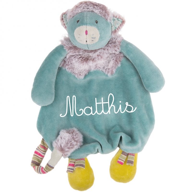 Doudou attache sucette chat bleu Les Pachats personnalisable (28 cm) Moulin Roty