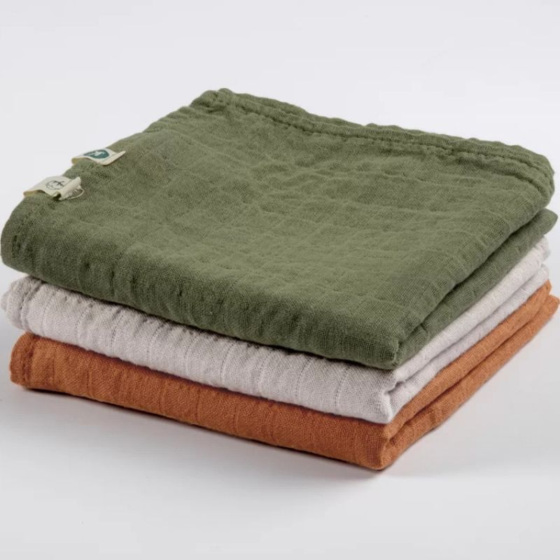 Lot de 3 langes en coton bio Naturel-Kaki-Noisette (70 x 70 cm) Kadolis