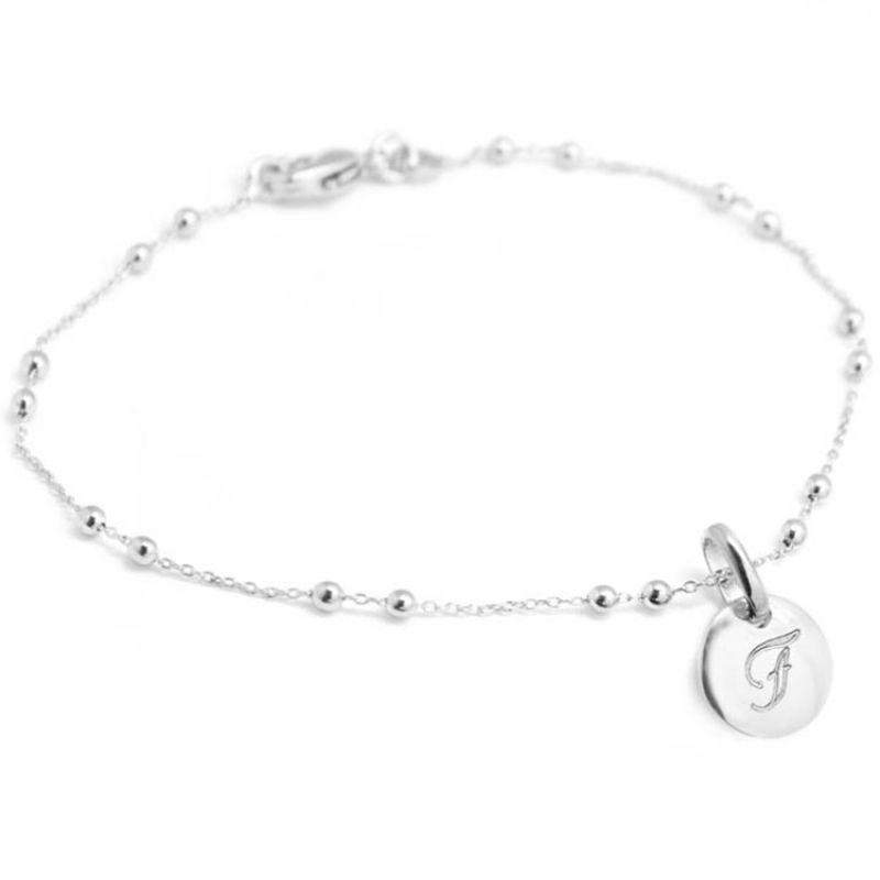Bracelet chaîne perlée médaille ronde personnalisable (argent 925°) Petits trésors