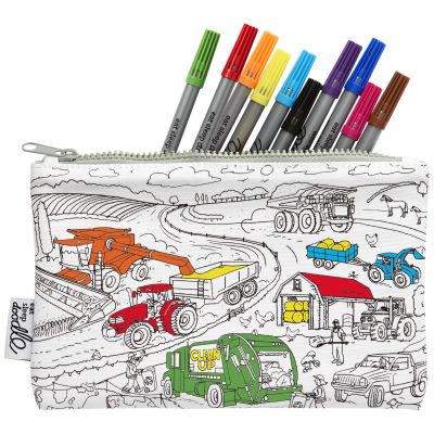 Trousse à colorier lavable et réutilisable Roues en route avec 10 feutres