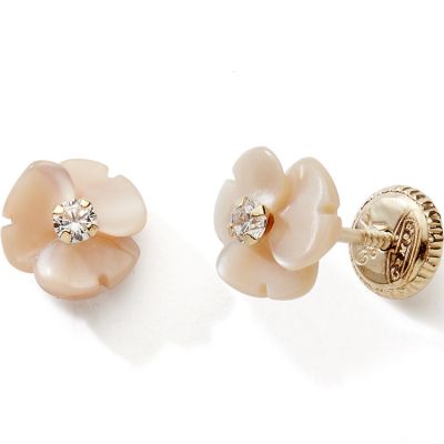 Boucles d'oreilles Fleur rose nacrée (or jaune 375°) Baby bijoux