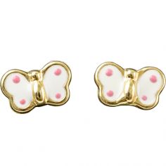 Boucles d'oreilles papillon émaillé blanc à pois rose (or jaune 375°) - Daniel Crégut