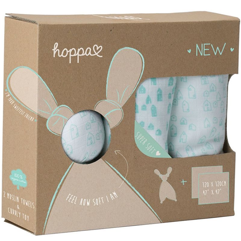 Coffret cadeau de naissance doudou Floppy et langes maisons (3 pièces) Hoppa