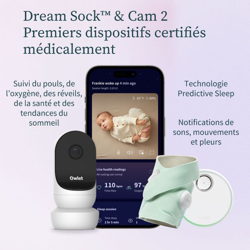 Pack Chaussette connectée Dream Sock + Cam2 bleu sommeil (0-18 mois) Owlet Ambiance 2