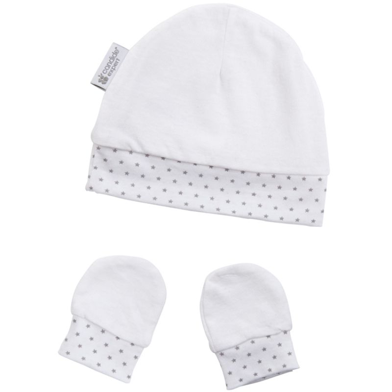 Bonnet et moufles de naissance en coton étoile Candide