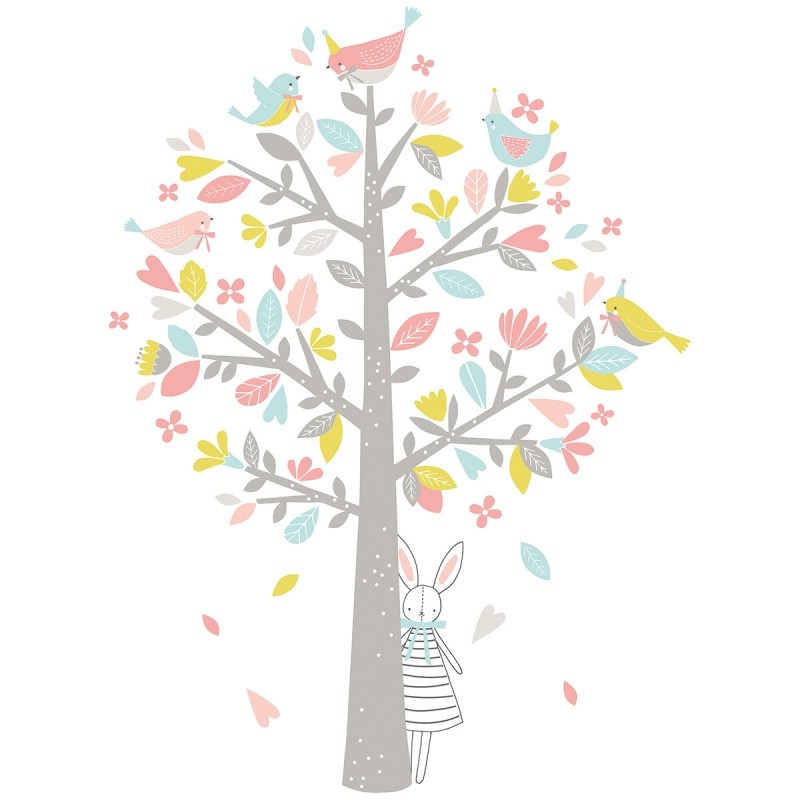 Sticker l'arbre aux moineaux roses Sweet Bunnies by Flora Waycott  Lilipinso