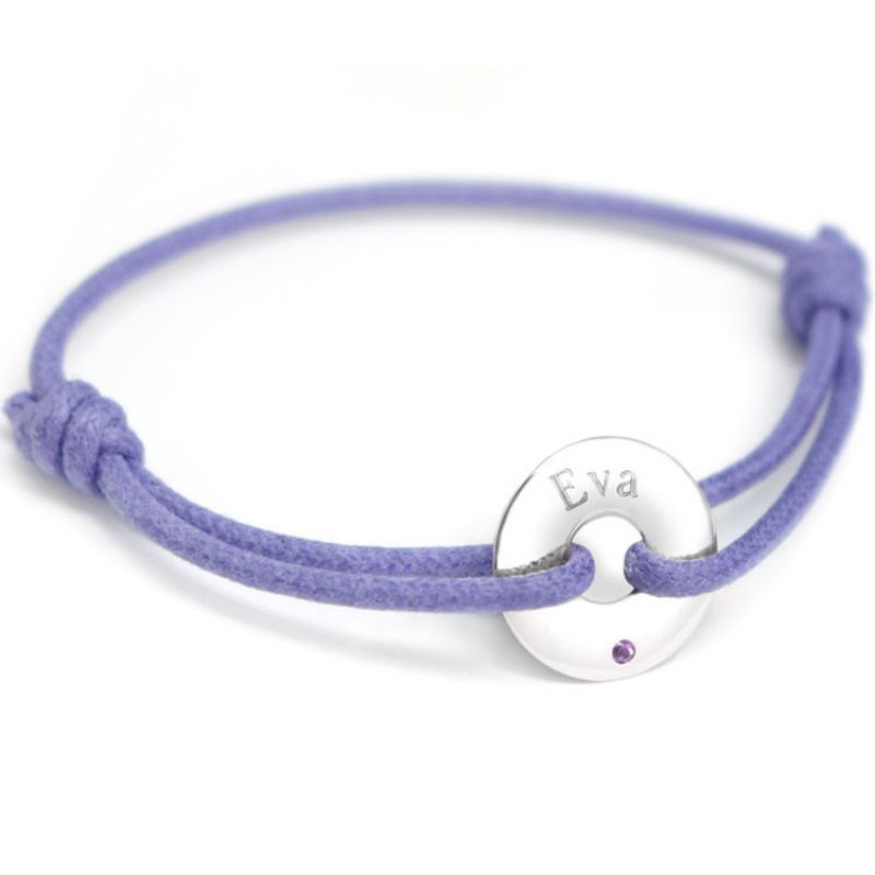 Bracelet cordon Mini jeton Améthyste (or blanc 375°) Petits trésors
