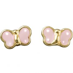Boucles d'oreilles papillon émaillé rose à pois blanc (or jaune 375°) - Daniel Crégut