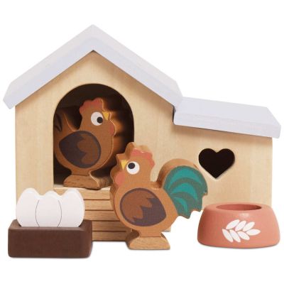 Poulailler avec poule oeufs et coq pour maison de poupée en bois FSC