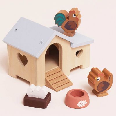 Poulailler avec poule oeufs et coq pour maison de poupée en bois FSC