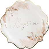 Lot de 8 assiettes en carton Baptême Pampas, Fleurs de coton et or