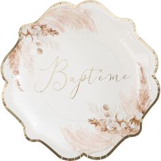 Lot de 8 assiettes en carton Baptême Pampas, Fleurs de coton et or - Arty Fêtes Factory