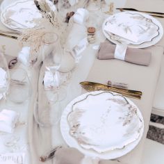 Lot de 8 assiettes en carton Baptême Pampas, Fleurs de coton et or