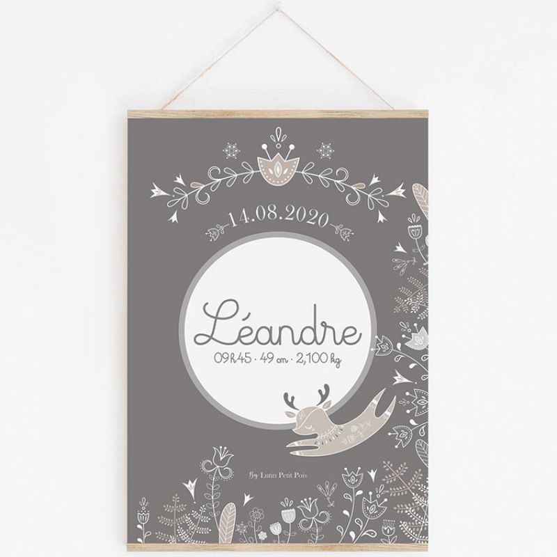 Affiche de naissance A2 Petit renne gris avec support (personnalisable) Lutin Petit Pois