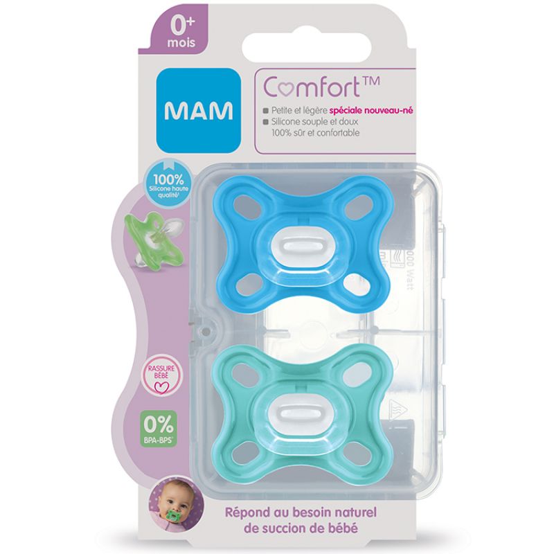 Lot de 2 sucettes en silicone Comfort bleu (0-2 mois) MAM Packaging 8