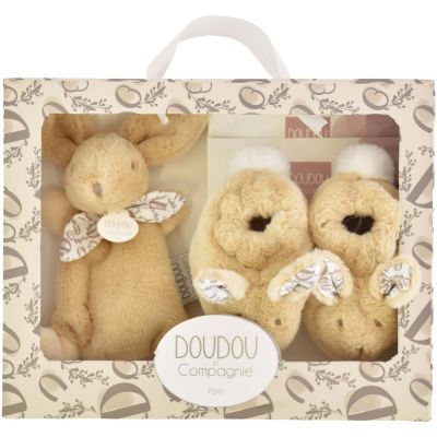 Coffret Chaussons et Doudou Beige Lapin Doudou - Reconditionné  par Doudou et Compagnie