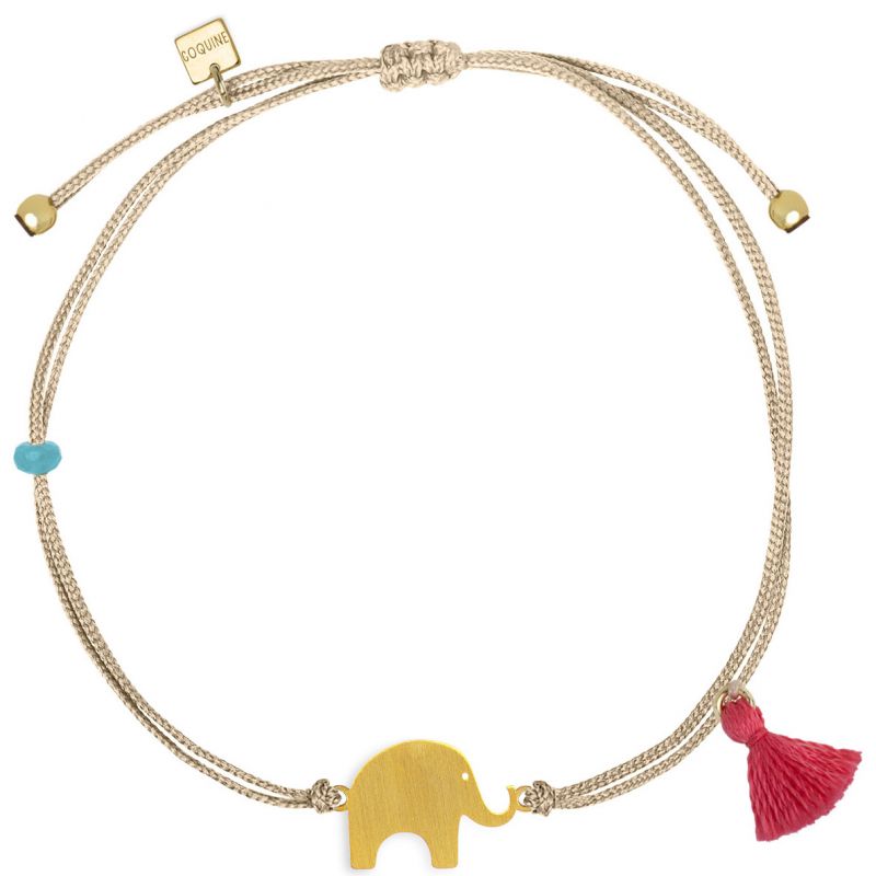 Bracelet cordon beige Nature éléphant (vermeil doré) Coquine