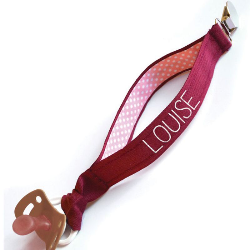 Attache sucette bordeaux pois rose (personnalisable) Les Griottes