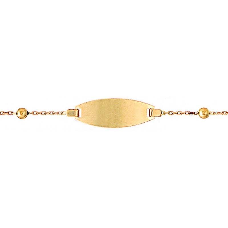 Gourmette bébé plaque tonneau et petites boules (or jaune 750°) Berceau magique bijoux