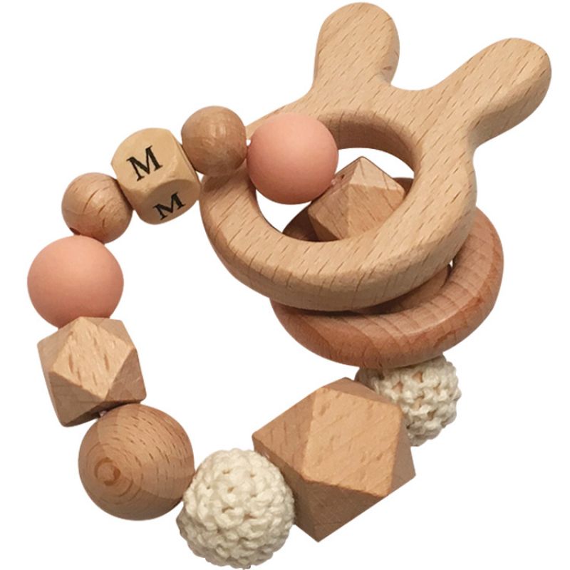 Anneau de dentition en bois Lapin blanc cassé et rose pâle (personnalisable) Tata Lucette