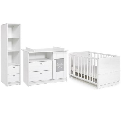 Pack trio lit bébé évolutif, commode à langer et étagère haute Sol blanc Geuther