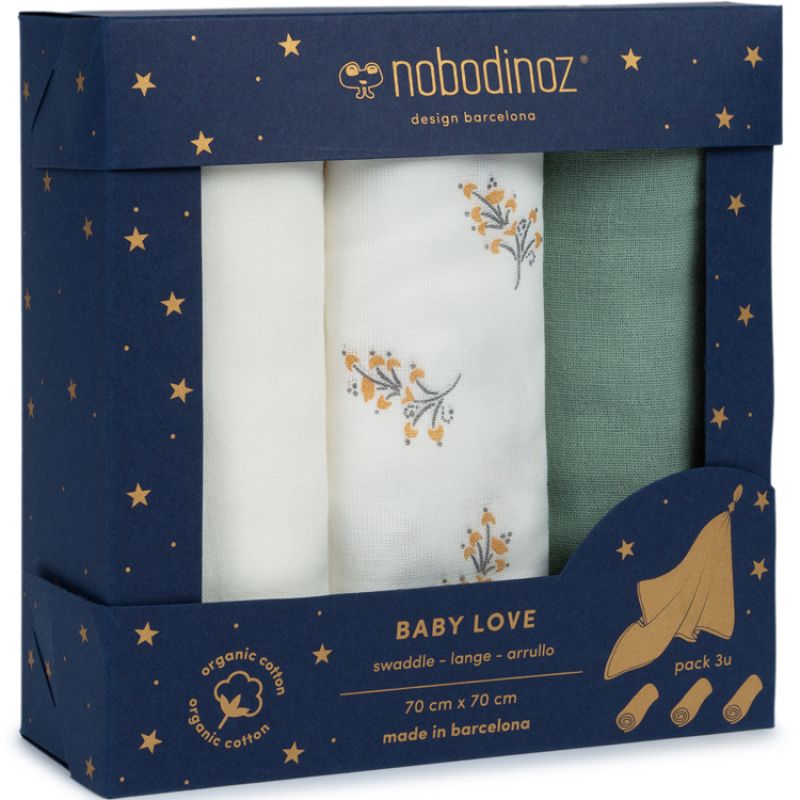 Lot de 3 langes en coton bio Baby Love Flore (70 x 70 cm) Nobodinoz