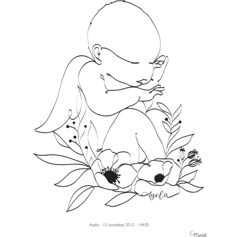 Affiche de naissance bébé fleuri et ailes d'ange A4 (personnalisable) Minoé