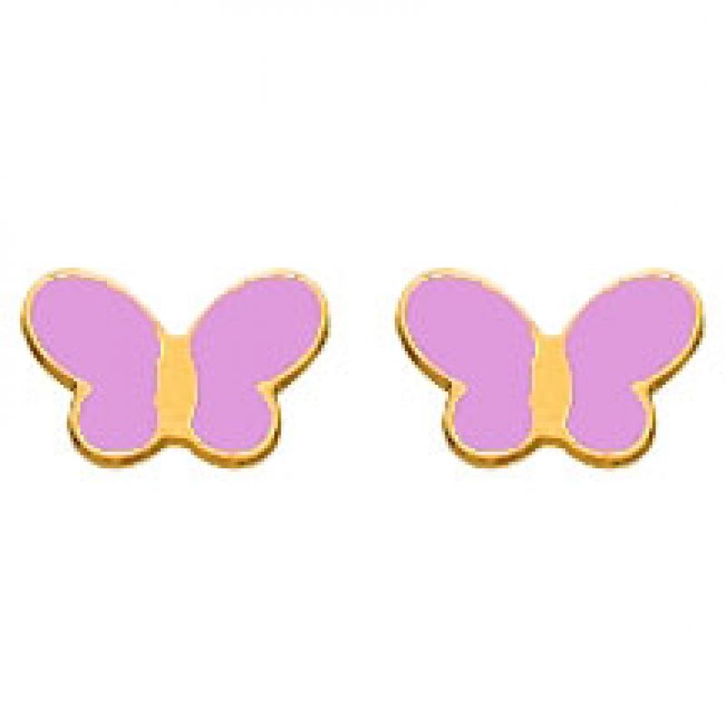 Boucles d'oreilles papillons laqué rose (or jaune 750°) Berceau magique bijoux