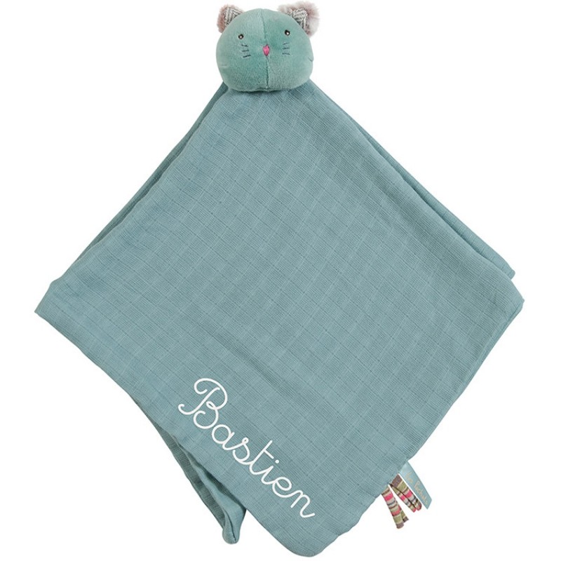 Doudou plat lange chat bleu Les Pachats personnalisable (47 x 47 cm) Moulin Roty