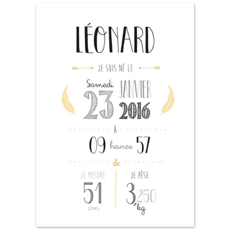 Affiche de naissance A4 jaune (personnalisable) La Poupette à paillettes