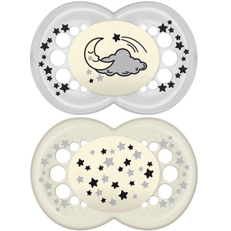 Lot de 2 sucettes anatomiques Nuit lune étoile grises (18-36 mois) MAM
